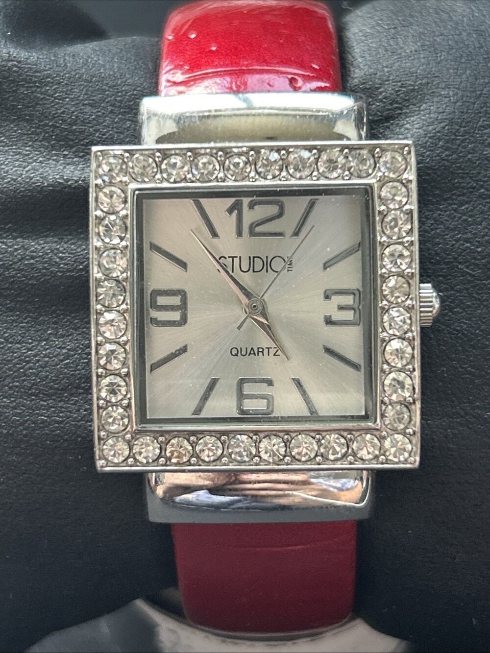 Studio Time Silver Tone Case Red Band Women’s Cuff Watch